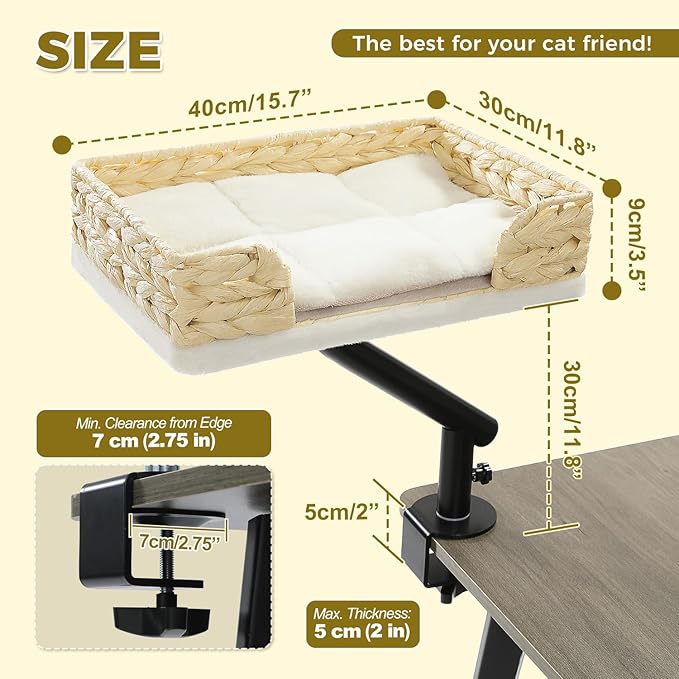 PAWZ Road Cat Desk Bed for Indoor Cats, Wicker Cat Bed for Desk Supports Up to 50 lbs, 360° Rotation & Adjustable Soft Plush Cats Hammock for Desktop, White
