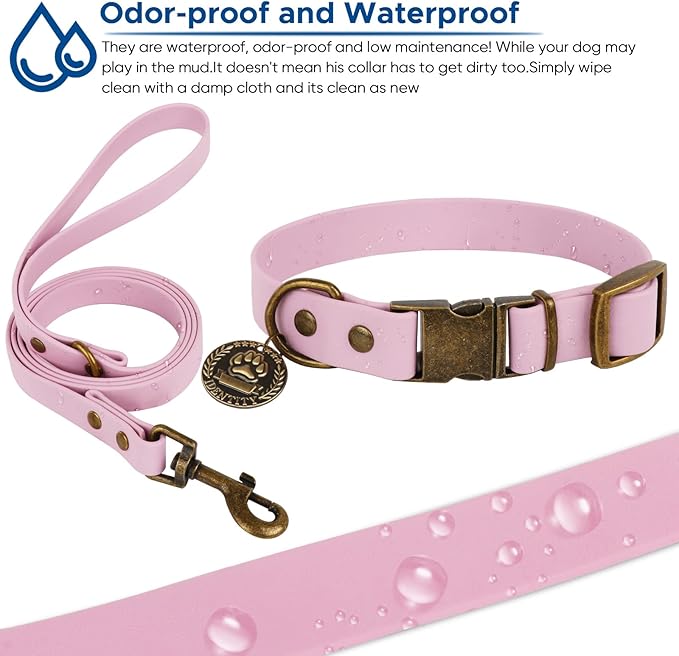 Wisedog Dog Collar and Leash Set, Waterproof Adjustable Puppy Collars with Cute Tag 6FT Dog Leash with Poop Bag for Small Medium Large Dogs (XS, Pale Pinkish Purple)