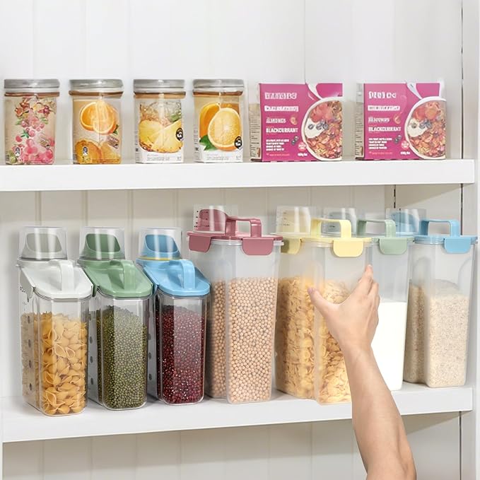 3-5 LBS Dog Food Storage Container Upgraded Large Nozzle BPA-free, Plastic Pet Food Storage Containers, With 4 Sealed Clasps, 1 Measuring Cup and Handle (2,Beige, 3L)