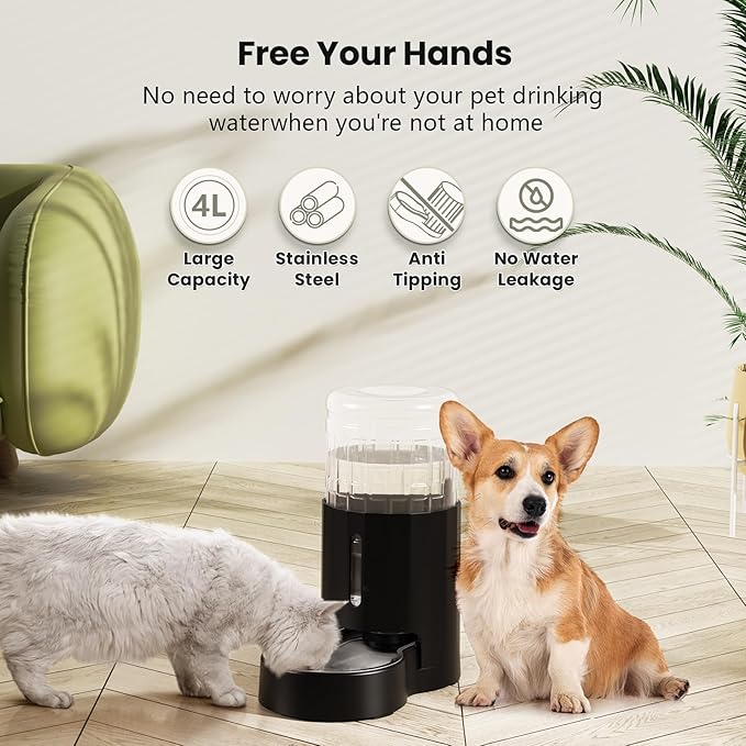 CZPET Automatic 4L/1Gal/135Oz Cat Water Dispenser with Stainless Steel Bowl, Gravity Waterer for Small Medium Dog Puppy Kitten (Black)