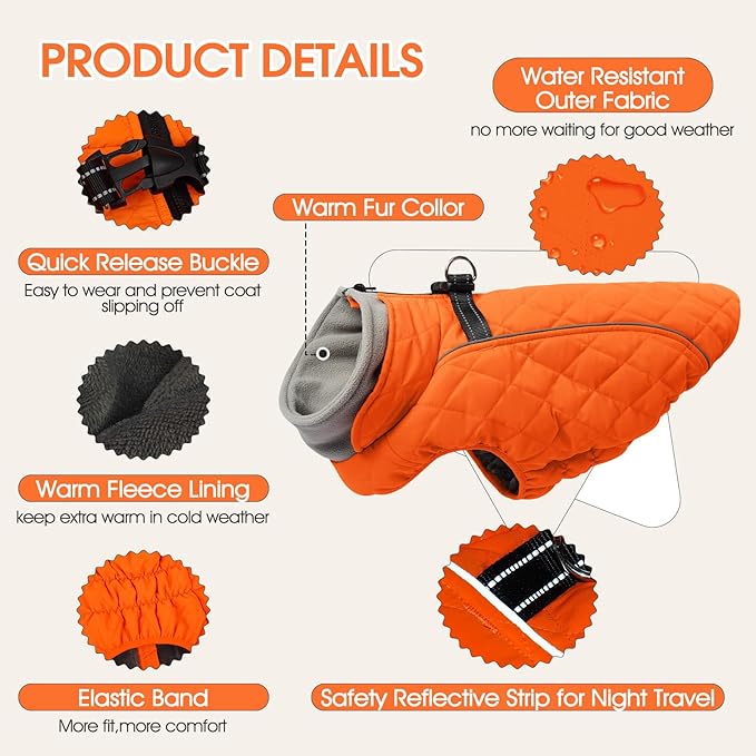 Dog Coat with Harness Built in -Orange,3XL- Fleece Lined Dog Snow Jacket Snowsuit，Adjustable Reflective Winter Warm Cold Weather Coat