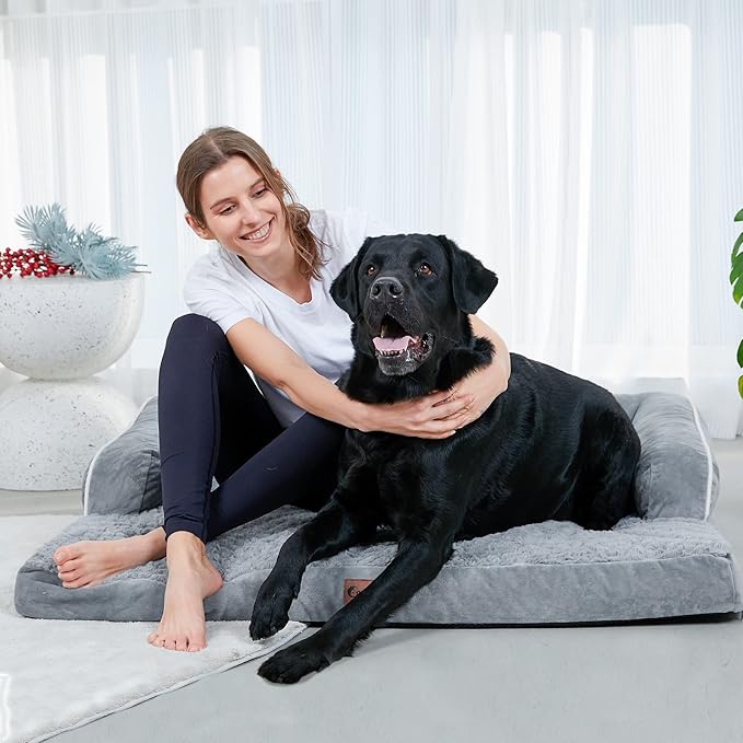Orthopedic Dog Beds for Large Sized Dogs, Waterproof Egg Crate Foam Large Dog Couch Beds with Comfy Bolster 36x27Inch, Washable Pet Beds with Removable Cover and Nonskid Bottom, Grey