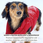 DJANGO Reversible Puffer Dog Coat – Warm Winter Dog Jacket & Water-Repellent Insulated Dog Coat with Harness Hole, Windproof, Adjustable Fit for Small & Medium Dogs, Dachshunds – Lava Red, Medium