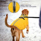 FUAMEY Dog Coat for Large Dogs,Waterproof Dog Winter Jacket with Harness Built in Puppy Cold Weather Coats Reflective Pet Vest with Zipper Warm Fleece Dogs Snowsuit Windproof Yellow XL