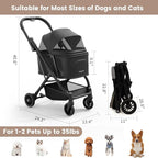 Lightweight Dog Stroller for Small Dogs & Cats Portable Compact Folded Pet Stroller Up to 35lbs Medium Pets One Click Folding Large Cat Carriage with Convertible Canopy Storage Basket - Black