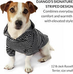 DJANGO Dog Hoodie – Warm, Lightweight, Soft & Stretchy Dog Sweater with Hood, Harness Hole & Elastic Waistband – Cozy Sweatshirt for Small Dogs up to 25 lbs, Dachshunds & Puppies – Black, X-Small