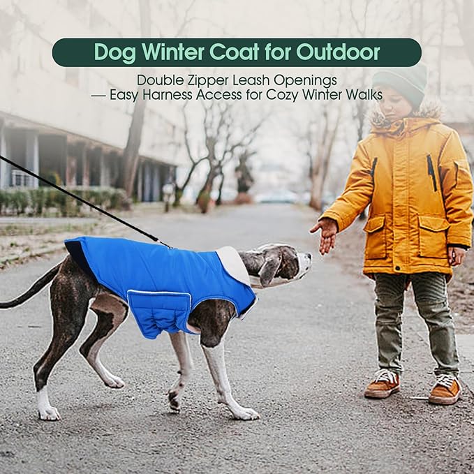 Kuoser Dog Coat Large, Cold Weather Reflective Waterproof Dogs Jacket with Warm Fleece Lining, Turtleneck Dog Winter Coat with Zipper, Doggy Snow Jacket Pet Coats for Small Medium Large Dogs, Blue XL