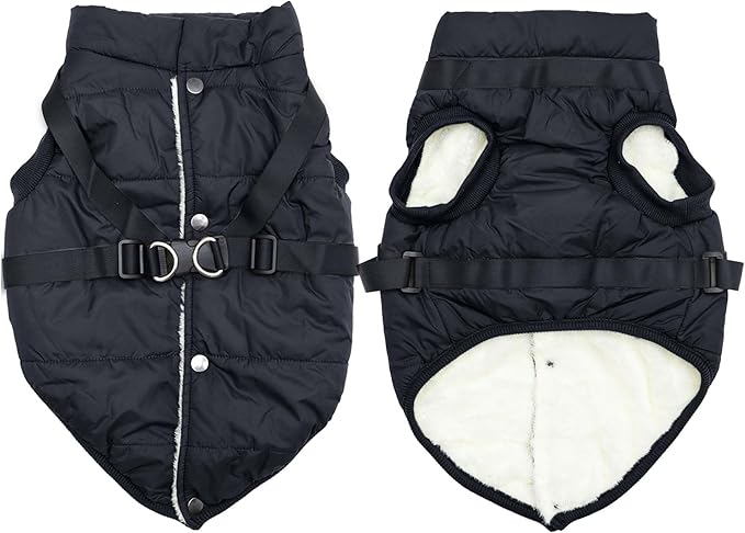 Dog Jacket with Harness,Fleece Lined Warm Puppy Coat for Winter,Soft Windproof Large Dog Vest,Black XXL