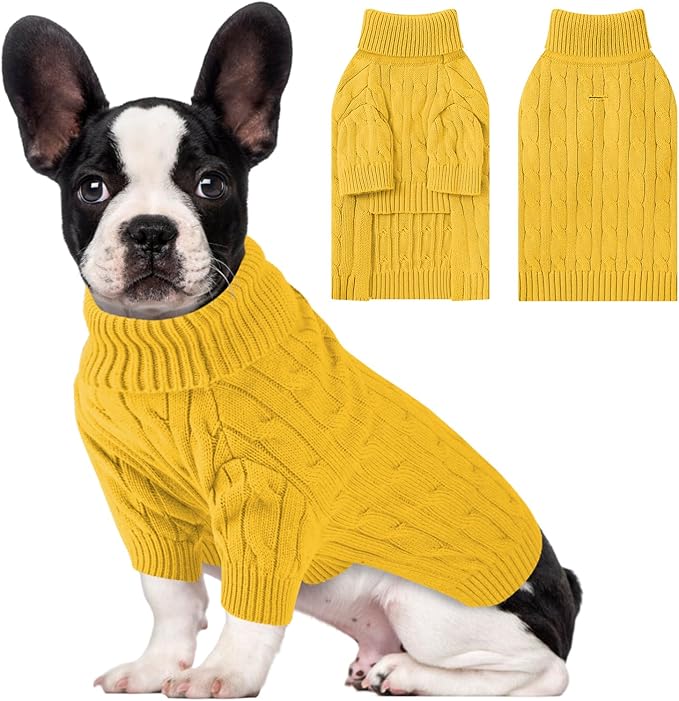 Small Dog Thermal Pullover Sweater, Classic Turtleneck Cable Knitwear Dog Clothes for Cold Weather Warm Pet Clothes for Chihuahua, Bulldog, Dachshund, Pug Yellow X-Large