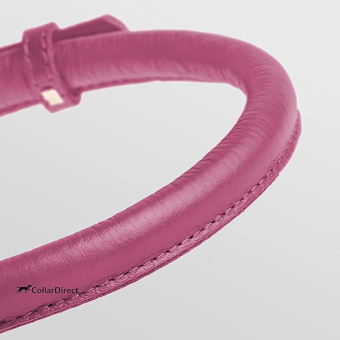 CollarDirect Rolled Leather Dog Collar, Soft Padded Round Puppy Collar, Handmade Genuine Leather Collar Dog Small Large Cat Collars 13 Colors (15-19 Inch, Pink Textured)