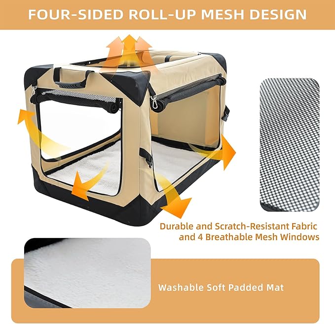 Pettycare 36 Inch Collapsible Dog Crate for Large Dogs, 4-Door Foldable Soft Dog Kennel with Chew Proof Mesh Windows, Indoor & Outdoor Travel Dog Crate, Beige