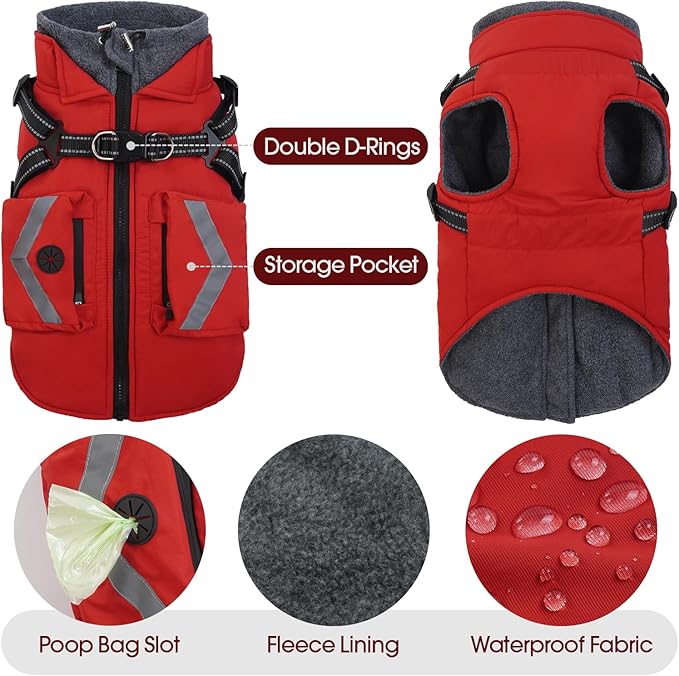 FUAMEY Small Dog Winter Coat with Harness Built in, Fleece Lined Dog Jacket Turtleneck, Pet Vest with Pockets, Back Zipper Puppy Winter Clothes, Doggy Cover for Cold Weather, Shih Tzu (Red, S)