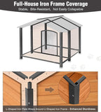 Insulated Dog House, Outdoor Dog House for Winter, Weatherproof Wooden Dog Kennel with Porch, Iron Frame, Openable Roof & Removable Floor