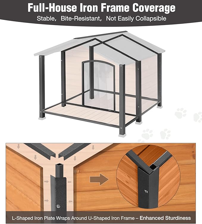 Heated Dog House, Outdoor Dog House Insulated for Winter with Heating Pad, Weatherproof Wooden Dog Kennel with Porch, Iron Frame, Openable Roof & Removable Floor