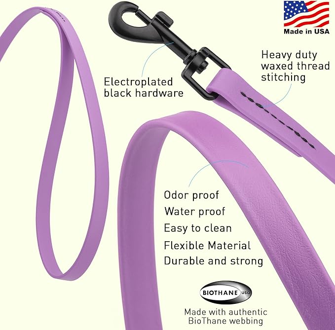 Dogline Biothane Waterproof Dog Leash Strong Coated Nylon Webbing with Black Hardware Odor-Proof Easy to Clean High Performance for Small or Large Dogs Made in USA 4 or 6 ft Lead, Amethyst Purple