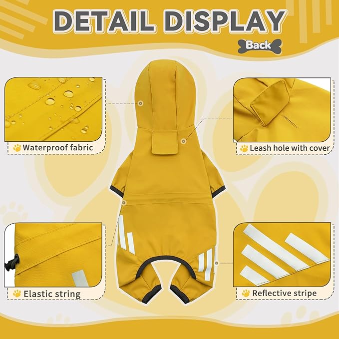 Dog Raincoat, Waterproof Dog Rain Jacket with Hood, Rain Coat with Leash Hole, Reflective Strap for Small Medium Dogs, Lightweight Puppy Clothes(Yellow,S)
