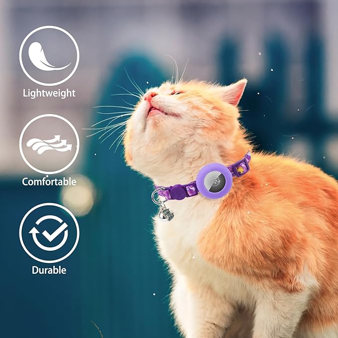 PUPTECK Airtag Cat Collar Breakaway 2 Pack with Bells, Reflective Kitten Collar with Air Tag Holder for Boy Girl Kitty and Puppies, Soft, Purple