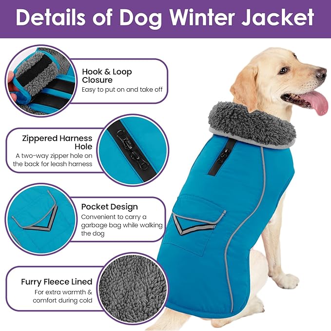 SUNFURA Small Dog Coat, Warm Dog Jacket with Zippered Leash Hole, Reflective Pet Winter Coat Fleece Jacket with Adjustable Furry Collar for Small Dogs Schnauzer, Yorkshire Terrier, Turquoise S