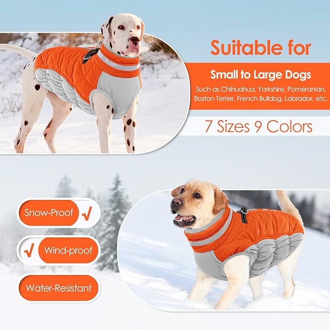 AOFITEE Dog Coat, Warm Dog Winter Coat, Reflective Turtleneck Large Dogs Jacket with Harness Built in, Turtleneck Pet Winter Jacket, Waterproof Pet Snow Jackets Fleece Vest, Orange XL