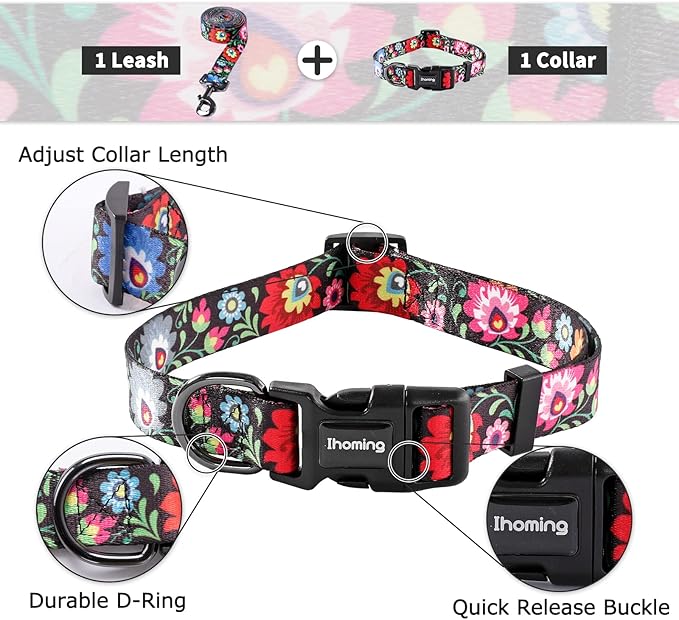Ihoming Dog Collar and Leash Set for Daily Outdoor Walking Running Training, Black Colorful Flowers Design for Large Boys Girls Dogs Cats Pets, L-Up to 80LBS