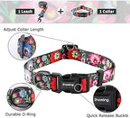 Ihoming Dog Collar and Leash Set for Daily Outdoor Walking Running Training, Black Colorful Flowers Design for Medium Boys Girls Dogs Cats Pets, M-Up to 45LBS