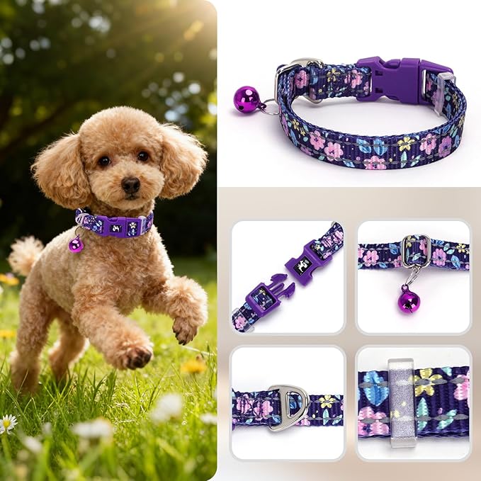 Floral Reflective Dog Collar with Bell -XSmall Puppy Collars for Puppia Pet Cat Girl Kitten Small Breeds, Cute Adjustable Nylon Collar for Yorkie Chihuahua Night Walks (S)
