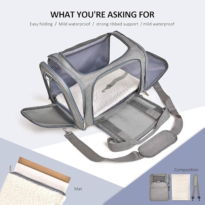 Henkelion Large Cat Carriers Dog Carrier Pet Carrier for Cats Dogs Puppies up to 25Lbs, Big Dog Carrier Soft Sided, Travel Puppy Carrier - Large - Grey