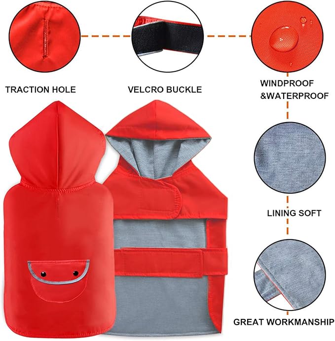 Dog Raincoat Dogs Rain Jacket Reflective Poncho Rainwear Waterproof Pet Clothes Warm Lined Pocket Hooded Leash Hole Adjustable Small Medium Dogs,Red,L,Back Length 12.0 Inch