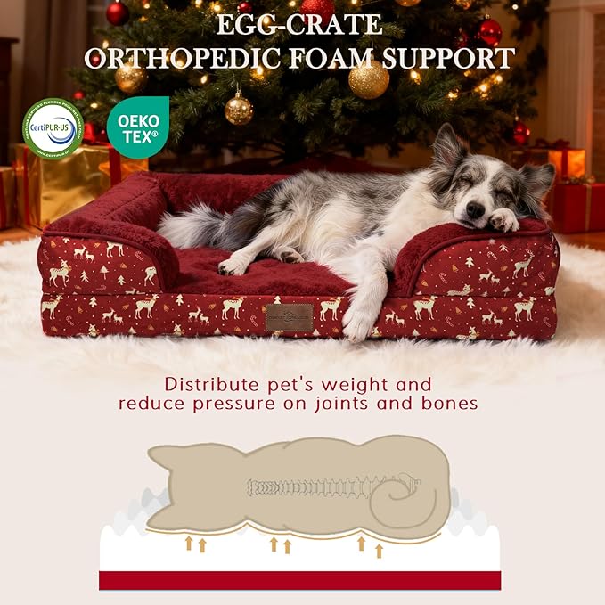 Comfort Expression Orthopedic Dog Bed for Extra Large Dogs 42x30 Inch, Waterproof Egg Crate Foam XL Pet Bed with Removable Bolsters, Dog Couch with Washable Cover & Non-Slip Bottom, Christmas Red