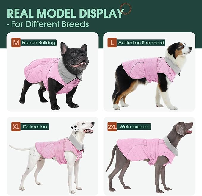 Kuoser Dog Coat, Extra Warm Dog Jacket Windproof Dogs Cold Weather Coats for Small Dogs, Fleece Lining Turtleneck Doggy Snowsuit Reflective Adjustable Pet Winter Clothes Christmas, Pink S