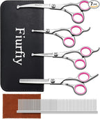 Furry Grooming Scissors with Safety Round Heads. Dog Grooming Scissors, 5CR 6 in 1 Dog Grooming Scissors, Curved Dog Grooming Scissors, Professional Pet Grooming Scissors Set for Dogs and Cats