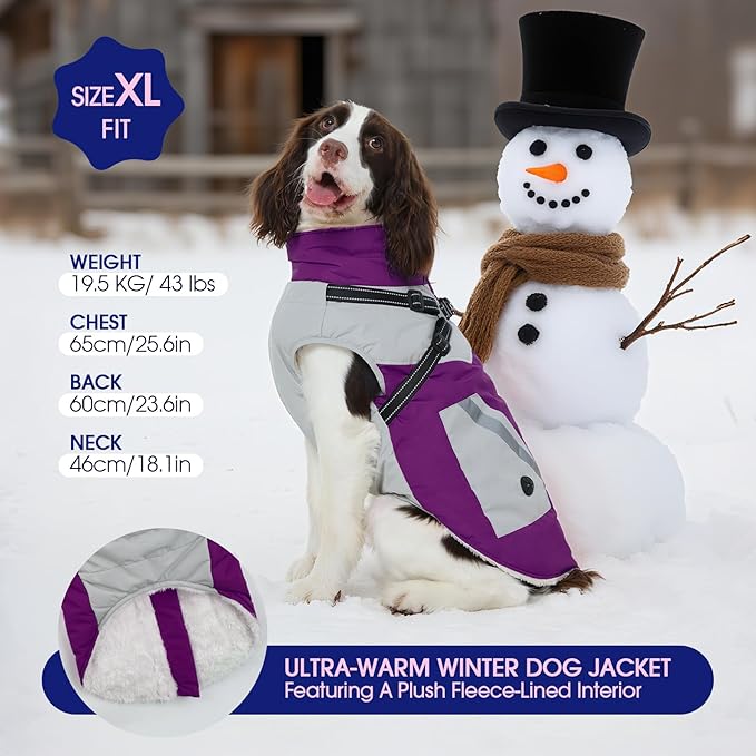 FUAMEY Dog Winter Jackets for Small Dogs,Dog Coat with Harness Built in,Waterproof Dogs Snowsuits Warm Pet Jacket Zip Up Fleece Cold Weather Coats Reflective Puppy Vest with Pocket Purple XS