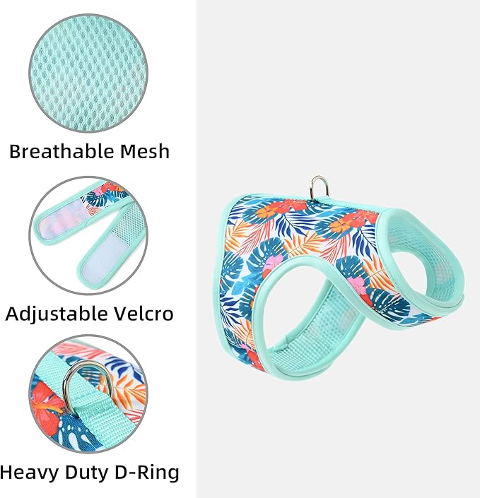 Mile High Life Dog Harness, Air Mesh Floral Vest Harness for 20 lbs Small Dogs & Cats, Easy Get on Adjustable Easy Closures Both Neck and Chest(Green Flower, S Chest 16"-18")