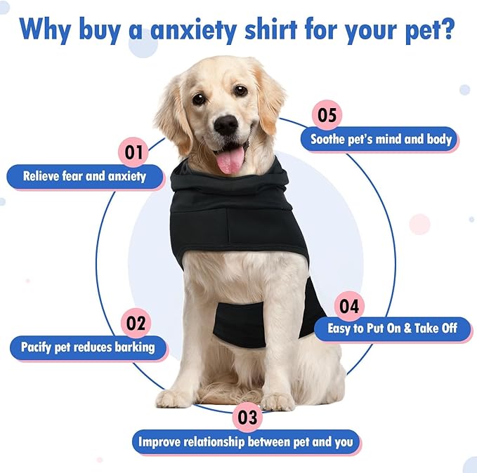 Dog Anxiety Relief Shirt for Small Dogs Boy -S,Lightweight Adjustable | Calming Vest Wraps Body,Relief Stress for Fireworks,Travel,Separation,Soft Machine Washable(Black)