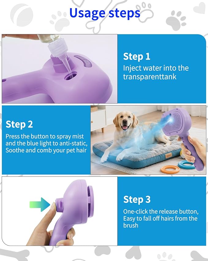 Dog Steam Brush 5 in 1 Cat Brush with Steam and Release Button Grooming Tool for Indoor Pets Dogs Hair Removal Shedding Water for Small Animals Long Short Haired(PURPLE)