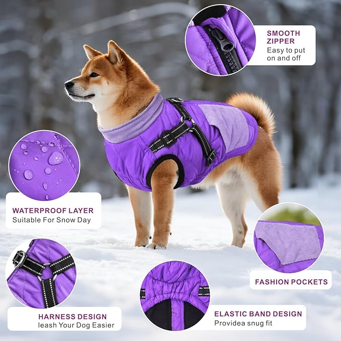 Mosucoirl Warm Dog Coats Pet Clothes, Waterproof Dogs Jacket Reflective Pet Outfits Winter Dog Cold Weather Coat Cozy Snow Jackets Vest for Small Medium Large Dogs Puppy Doggie (Purple, XL)