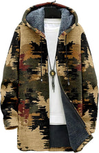 Mens Aztec Print Hoodie Heavyweight Cotton Fleece Jacket Zip Up Warm Long Sleeve Hooded Winter Midi Coat