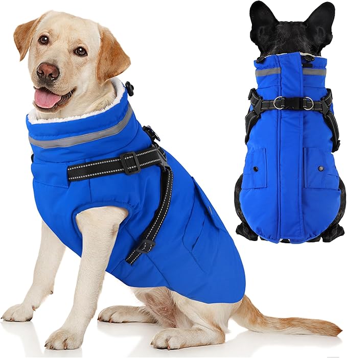 Dogcheer Dog Coat with Harness, Waterproof Warm Dog Winter Jacket with Pockets, Reflective Pet Fleece Jacket Turtleneck Snowsuit for Small Medium Large Dogs - Blue, S