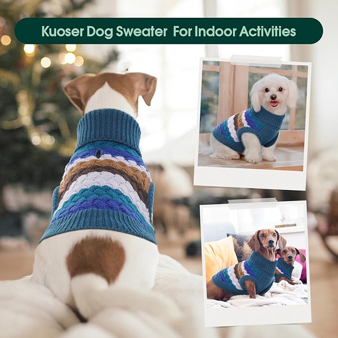 Kuoser Dog Sweater, Pet Cable Knitted Pullover Puppy Warm Clothes, Doggy Turtleneck Classic Knitwear Soft Thickening Doggie Outfit, Cold Weather Thermal Wear for Large Size Dogs, Blue 2XL