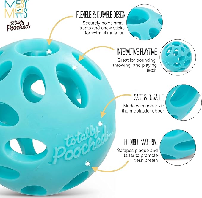 Messy Mutts Totally Pooched Huff'n Puff Ball | 3.1” TPR Puzzle Ball for Dogs | 2-in-1 Durable Interactive Toy and Tooth Cleaner | Teal