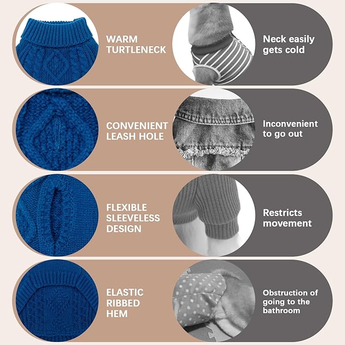 BINGPET Thermal Knitted Dog Sweater for Small Medium Large Dogs,Winter Dog Cat Coat Warm Sweartershirts Outfits,Classic Cable Knit Turtleneck Pullover Dog Jumper Coat Warm Sweartershirts(Blue,M)