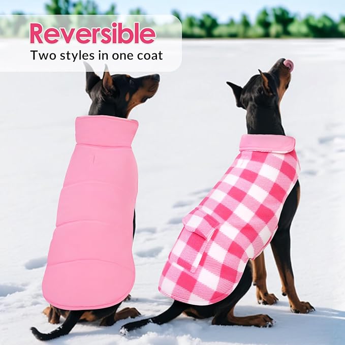 ASENKU Dog Winter Coat, Fleece Doggie Jacket Plaid Reversible Vest Waterproof Windproof Cold Weather Clothes for Small Medium Large Dogs (XXL, Pink)
