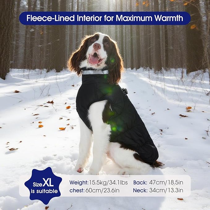 FUAMEY Dog Coat for Large Dogs,Waterproof Dog Winter Jacket with Harness Built in Puppy Cold Weather Coats Reflective Pet Vest with Zipper Warm Fleece Dogs Snowsuit Windproof Solid Black 2XL