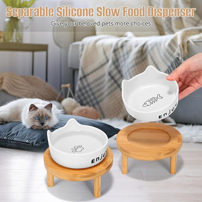 3PCS Elevated Cat Bowls,Wide Raised Ceramic Pet Dishes with Bamboo Stand, Whisker Friendly Pet Water or Food Plates Feeding Station for Indoor Small Dogs, Kitten (White(2PCS))