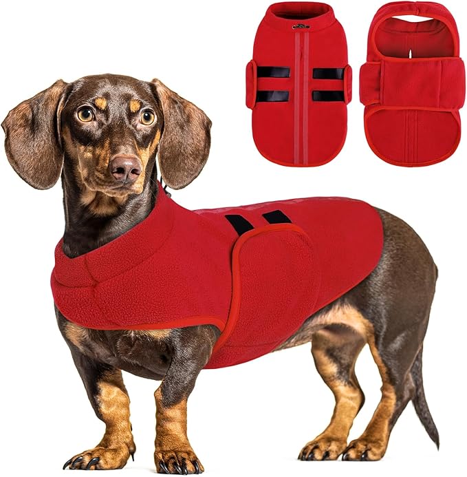 Queenmore Small Dog Sweaters, Soft Fleece Vest Pullover Dog Jacket with Leash Hole, Warm Winter Dog Clothes Cold Weather Doggy Dachshund Sweater for Small Dogs Cats Boy or Girl (Red, S)
