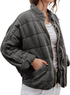 LIZALIG Warm Padded Coat for Women Full Zip Quilted Jackets Winter Oversized Causal Solid Color Stand Collar Pockets Coat