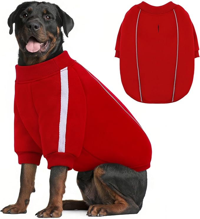 Queenmore XL Christmas Dog Sweater, Cozy Fleece Dog Sweatshirt, Warm Winter Fleece Jacket for Small, Medium & Large Dogs with Leash Hole/Reflective Stripes Red