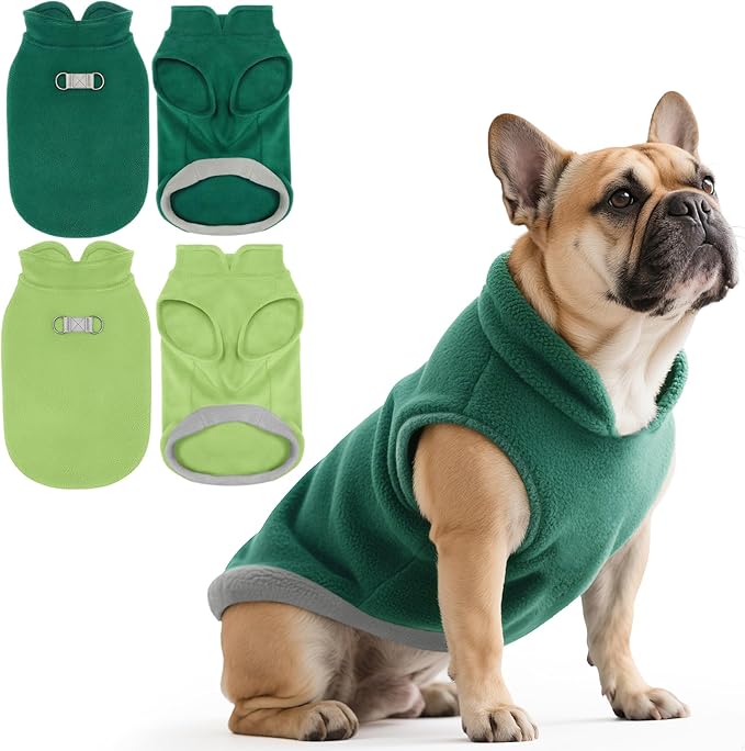 Idepet 2 Pack Dog Fleece Vest Sweater Warm Pullover Jacket with D-Ring Leash Reflective Winter Coat Hoodie for French Bulldog Pug Chihuahuas Yorkies Dachshunds(Dark Green&Grass Green, XX-Large)