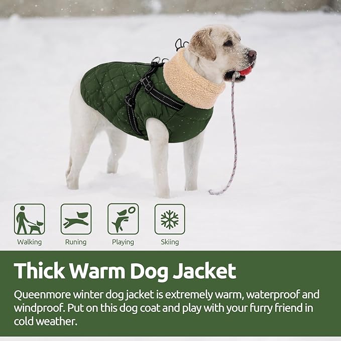 Queenmore Dog Jacket, Dog Coats for Large Dogs, Large Pet Coat with Harness Built in, Thick Fleece Snow Jacket for Extra Large Breeds, Waterproof Windproof Pet Apparel Cold Weather, ArmyGreen 3XL
