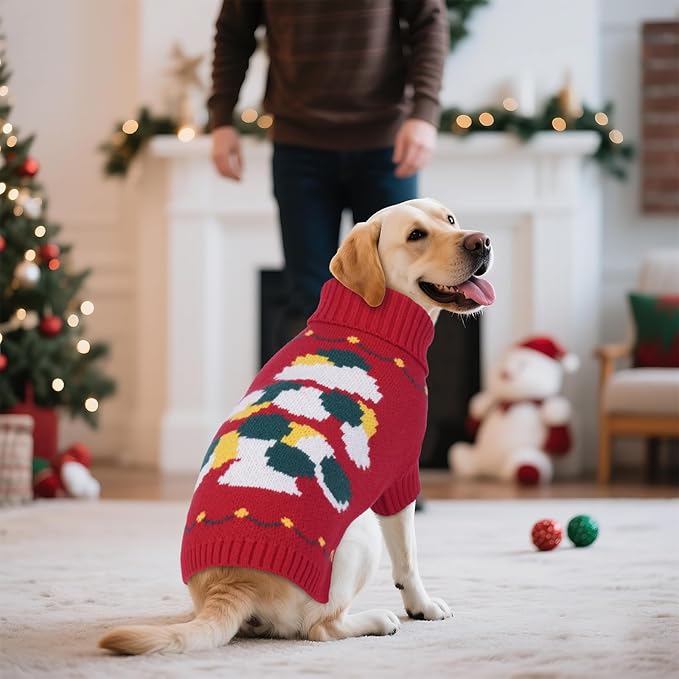 BRKURLEG Christmas Dog Sweaters for Cold Weather, Soft Warm Turtleneck Sweaters for Medium Large Dogs, Xmas New Year Pet Knitted Sweatshirt Outfit for Boston Terrier, Beagle (Red, L)